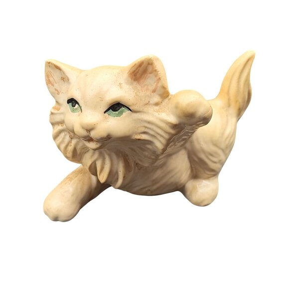 Vintage Studio Ceramic Cat Figurine With Raised Paw & Green Eyes - Picture 5 of 5
